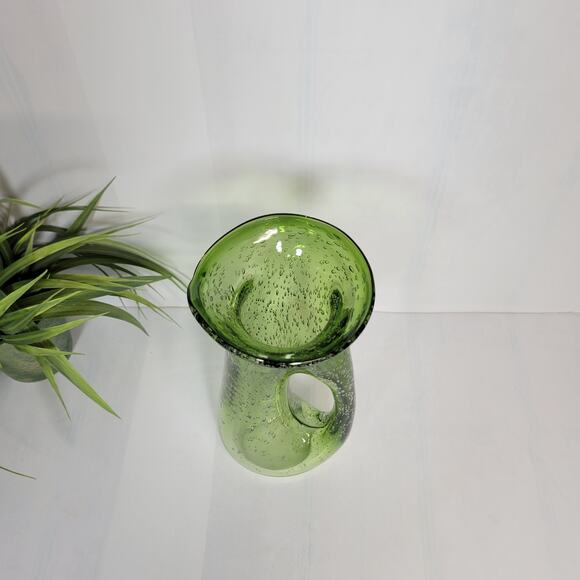 Vintage MCM Green Bubble seeded Art Glass Pitcher Vase Donut Hole Handle - Picture 3 of 5